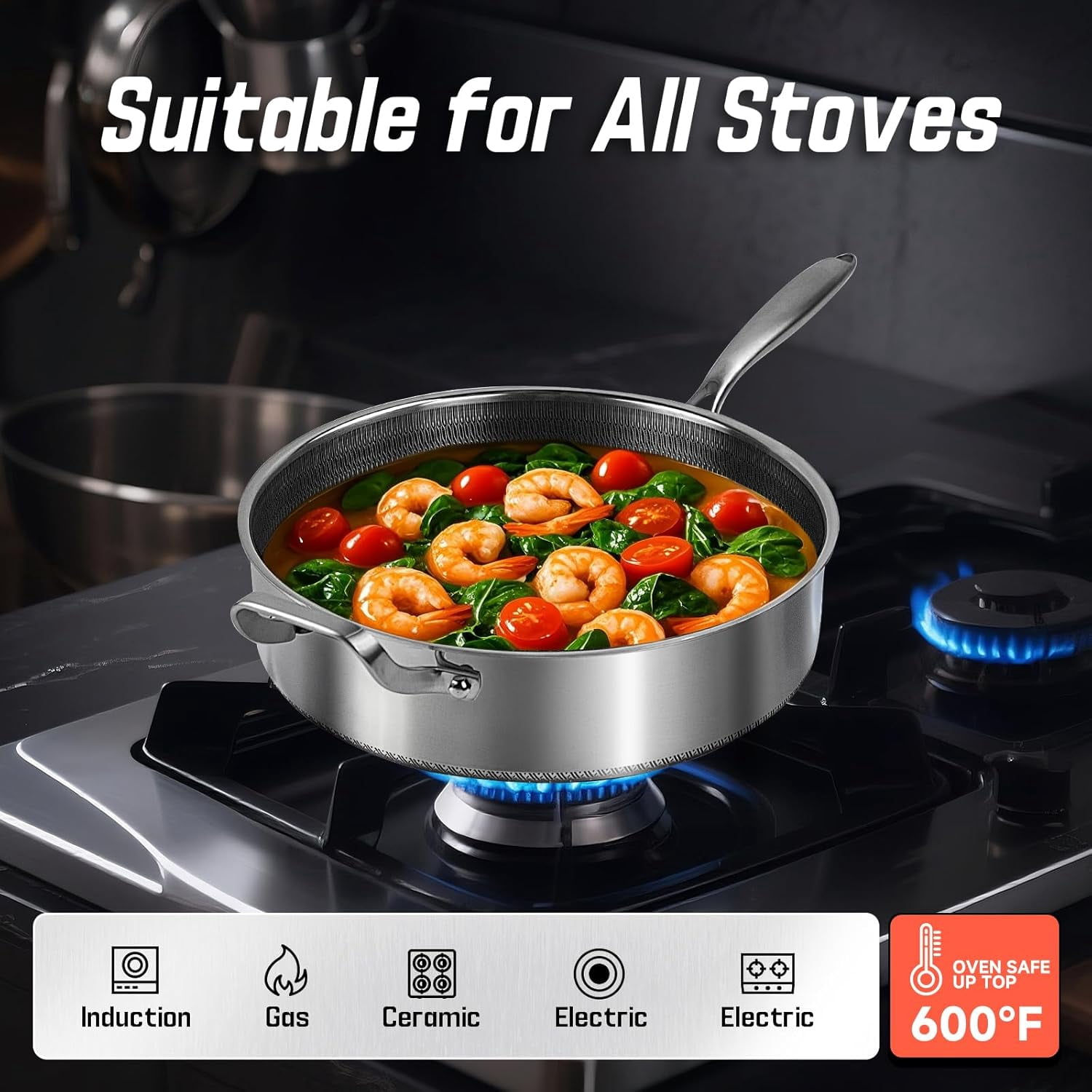 Frying Pans Nonstick wih Lid, Non Stick Tri-Ply Stainless Steel Saute Pan, 8 Quarts Large Sauté Pan, 13.5 Inch Induction Cooking Pan, Dishwasher and Oven Safe