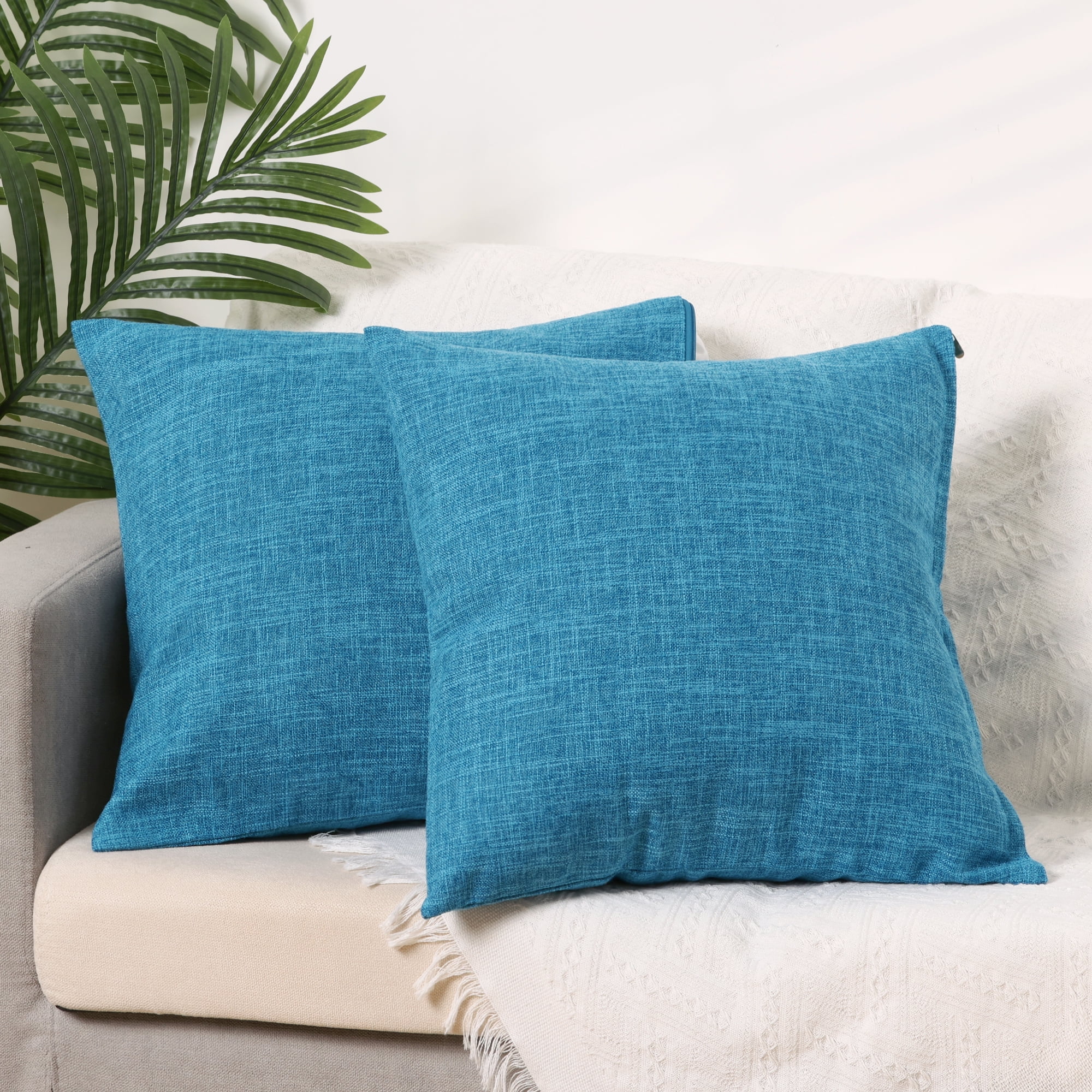 Unique Bargains Solid Indoor Outdoor Linen Decorative Throw Pillow Cover (2 Count) Blue 16" x 16"