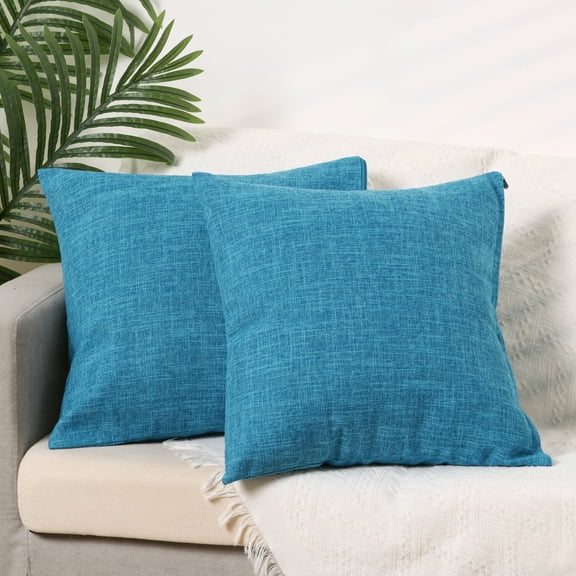 Funda de cojín decorativa de lino tejido de granja, juego de 2 fundas de cojín cuadradas rústicas para sofá en casa, azul 16" x 16"