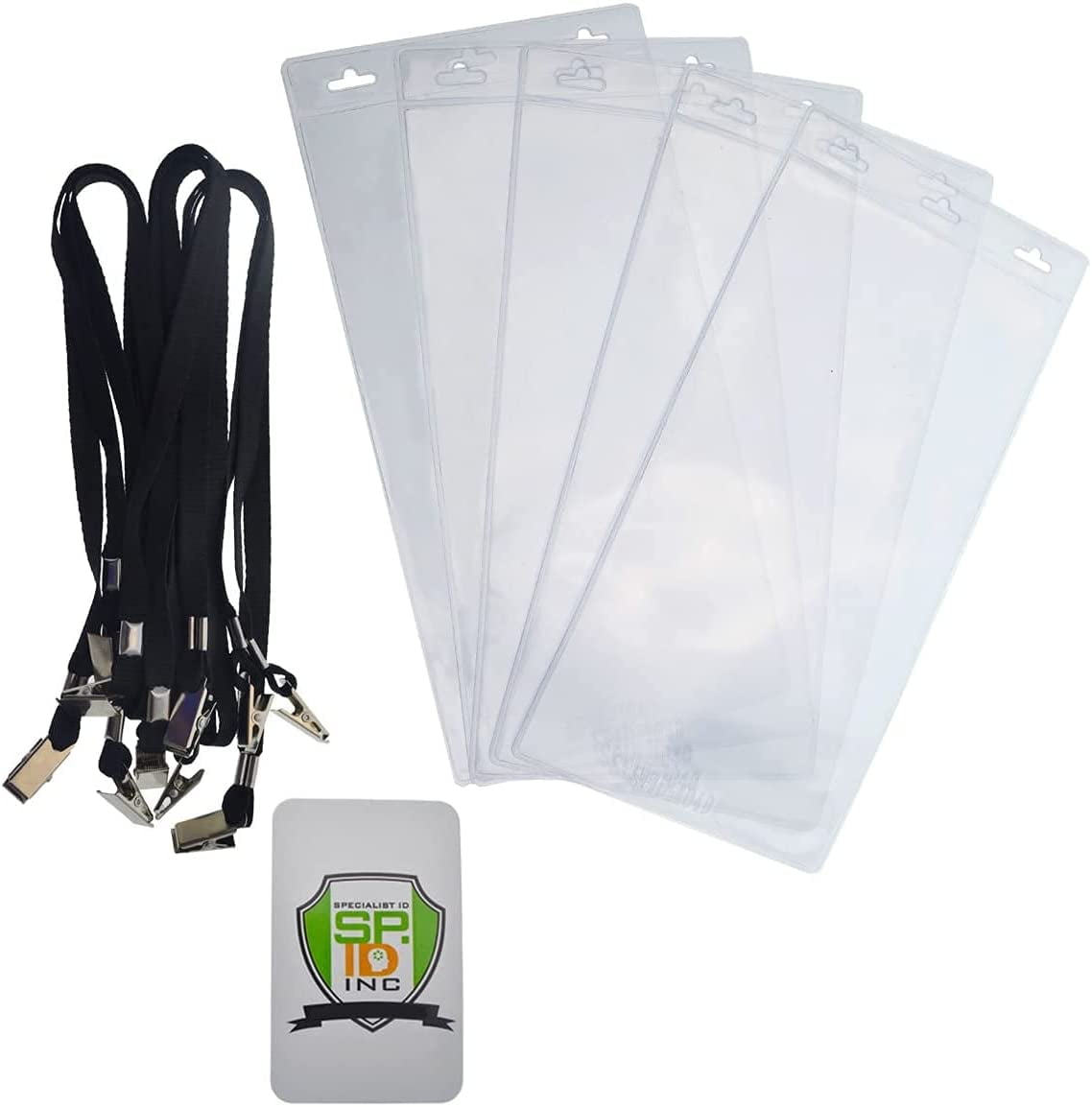 25 Pack - 4 x 8 Inch Extra Large Ticket & Event Credential Badge Holders with Double Sided Lanyards with Two Bulldog Clips, by Specialist ID (Black)