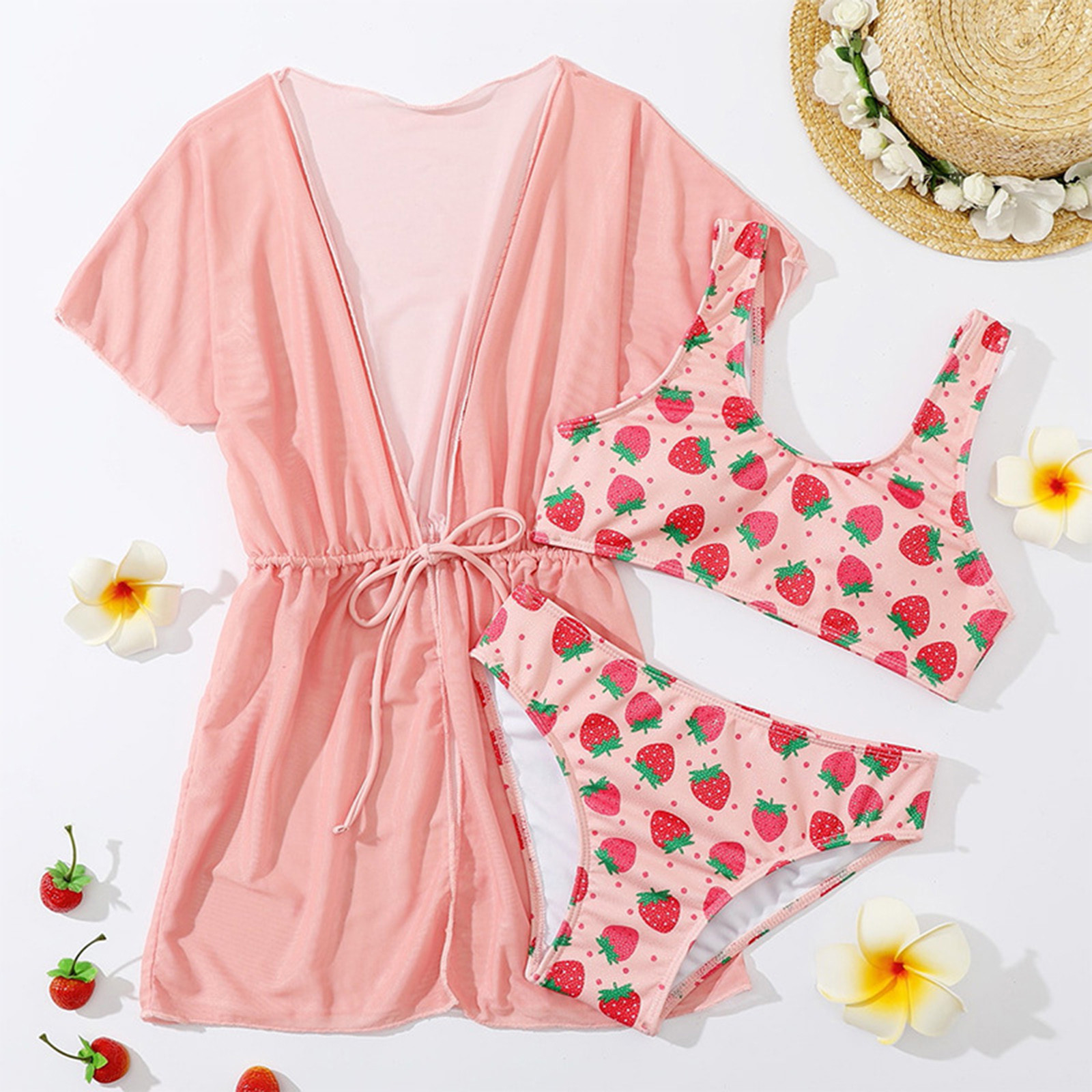 Baby Girls 3 Piece Strawberry Print S Cute Bikini Suit With Cover Up ...