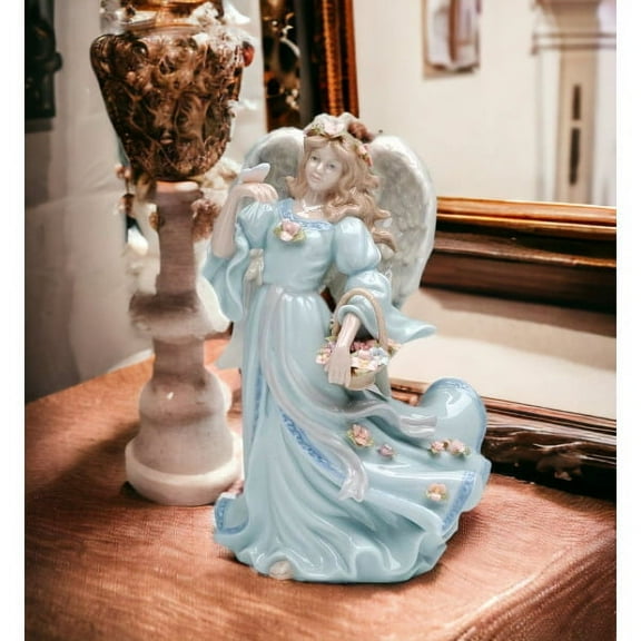 Ceramic Angel Music Box Blue Dress Flower Basket Home Church Baptism Decor 5.25"x4.25"