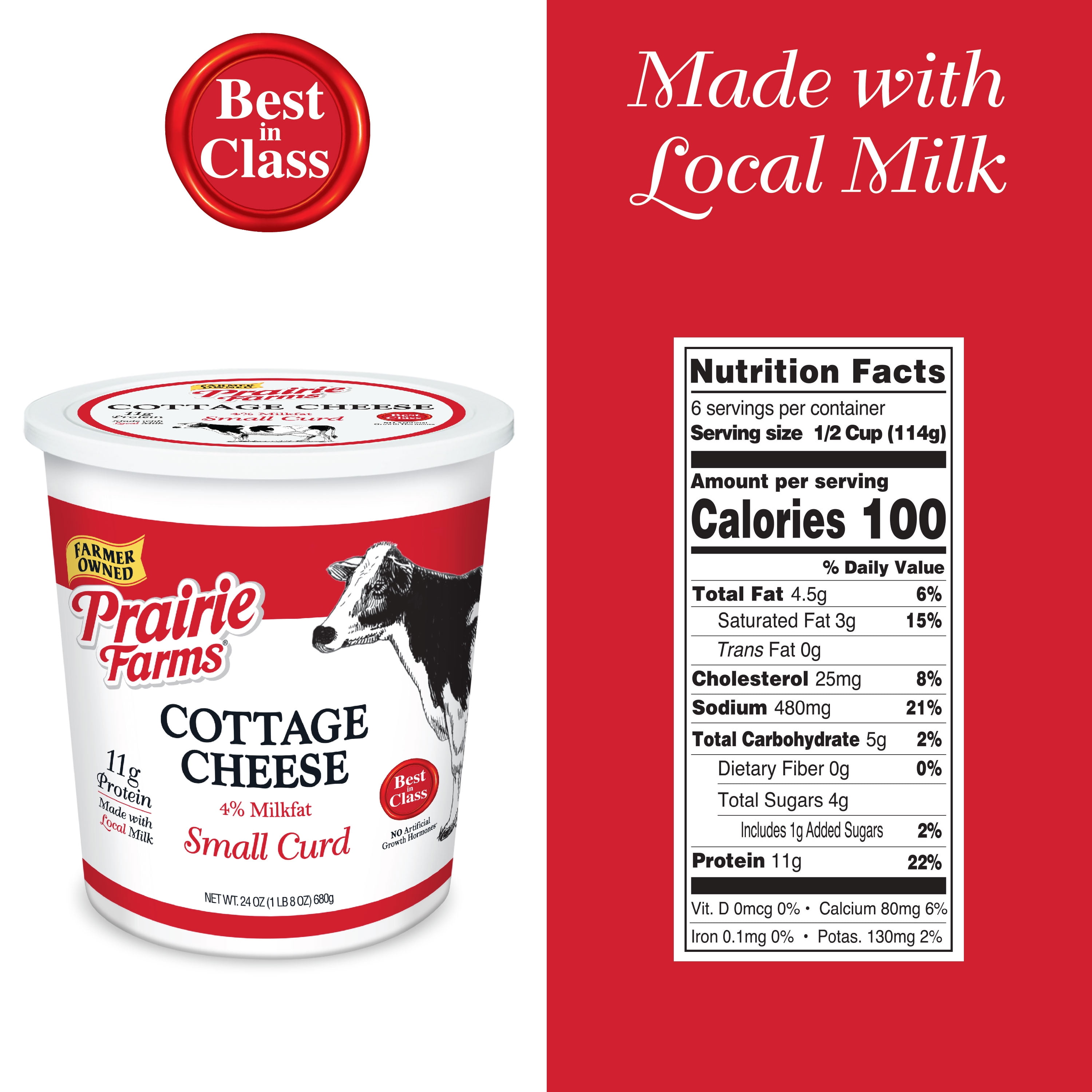 Prairie Farms 4% Small Curd Cottage Cheese, 24 oz Tub