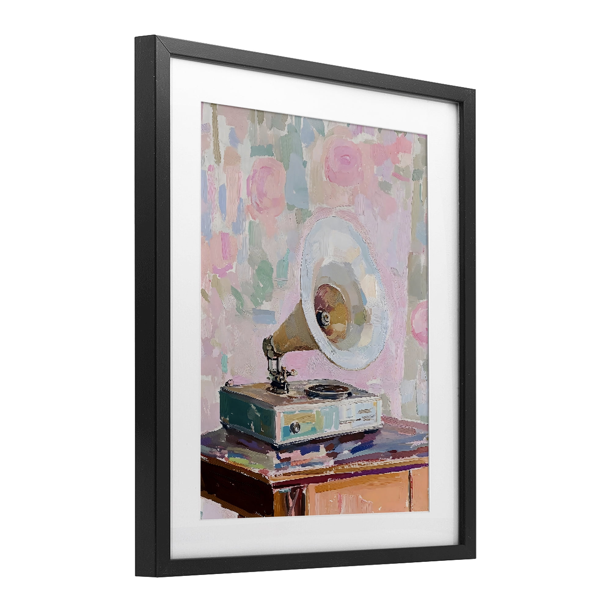 Stupell Industries Vintage Gramophone in Soft Pastels Black Framed Print Under Glass, design by The Prints Vibe
