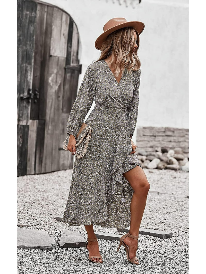 Women's Long Sleeve Vintage Wrap Dress Floral Print V-Neck Maxi