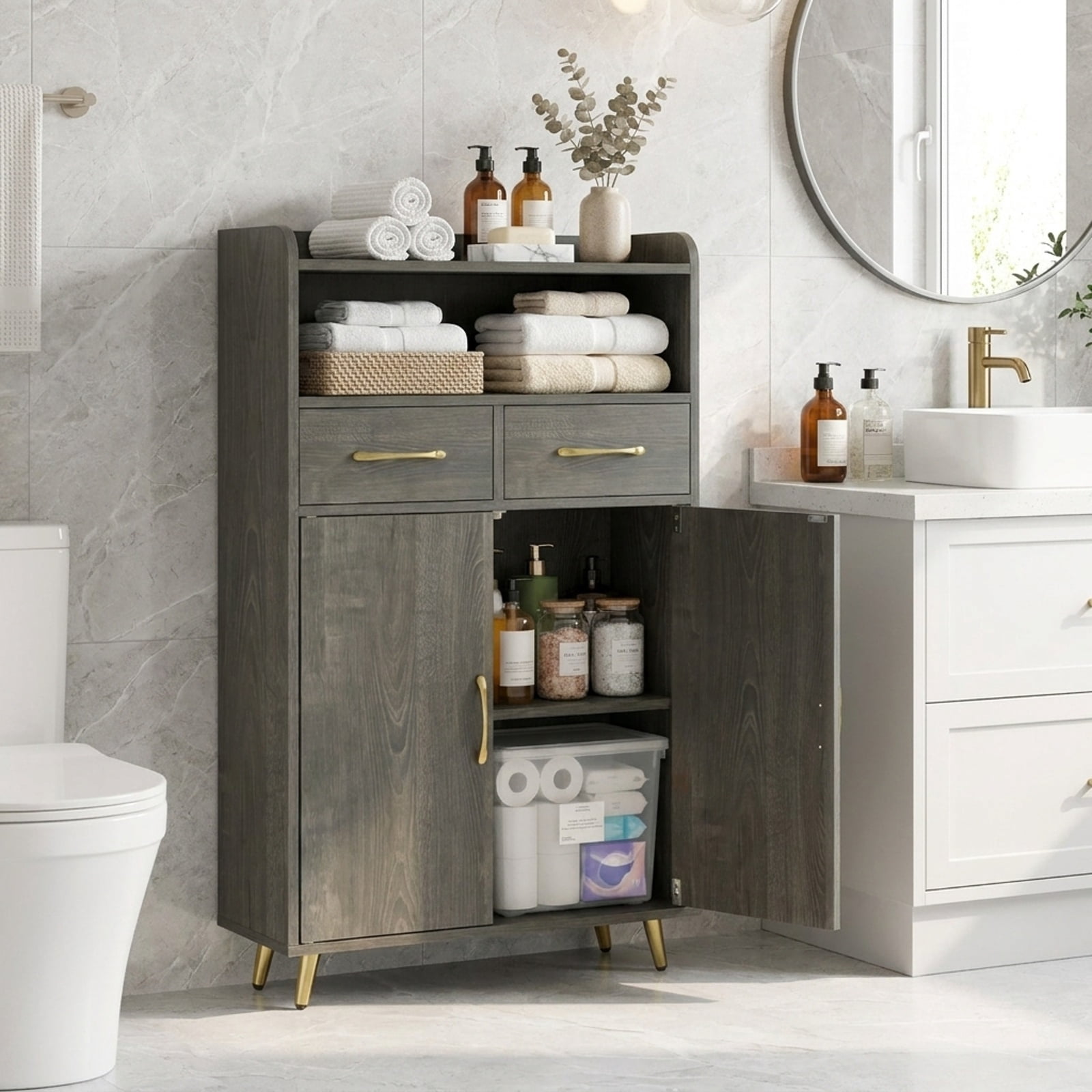 Vebreda Freestanding Bathroom Storage Cabinet, Bathroom Storage Cabinet Freestanding Floor Cabinet with 2 Drawers, Complement Various Rooms