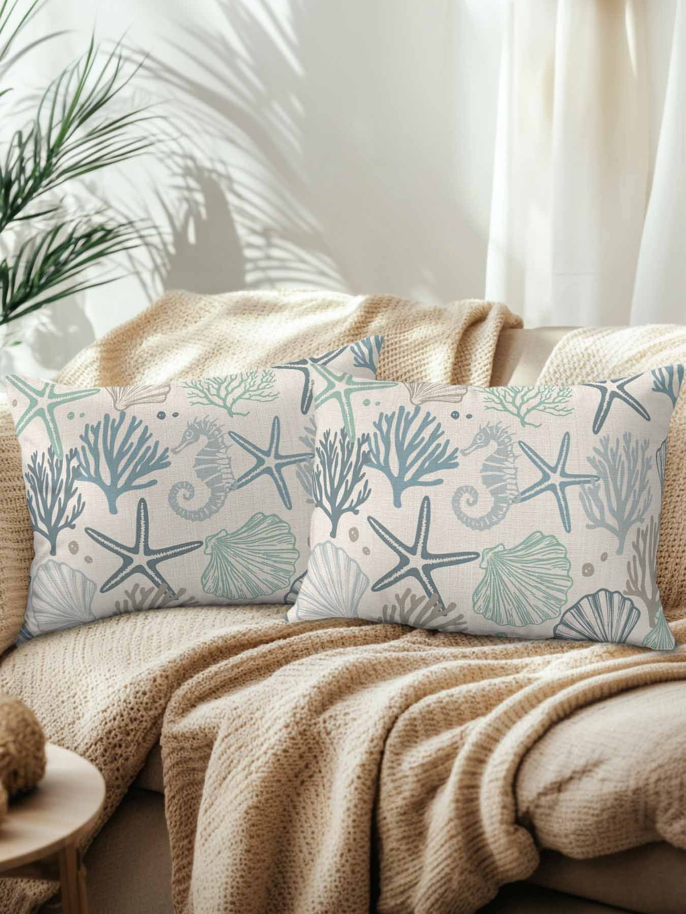 Waterproof Outdoor Throw Pillows with Inserts 12"x20" Set of 2,Aqua Teal Coastal Soft Decorative Pillowcases for Bedroom,Summer Beach Starfish Coral Nautical Rustic Pillow Covers for Sofa Living Room