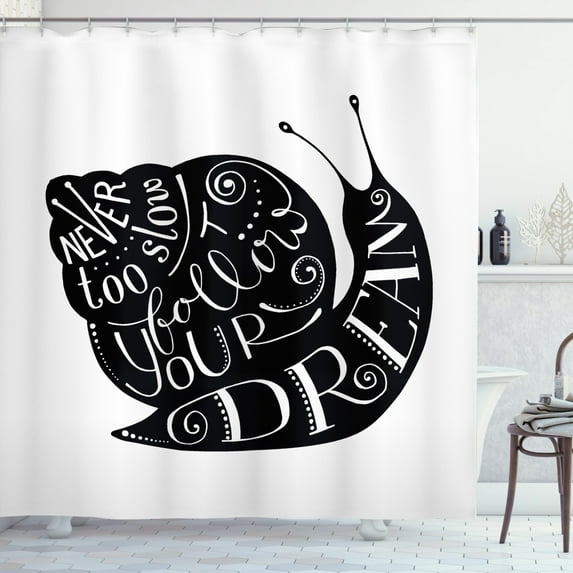 Dream Shower Curtain, Abstract Black Snail Silhouette with Never Too Slow To Follow Your Dream Quote, Fabric Bathroom Set with Hooks, 69"W X 84"L Extra Long, Black and White, by Ambesonne