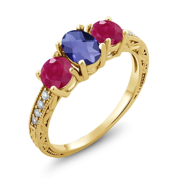 Gem Stone King 1.87 Ct Oval Checkerboard Blue Iolite Red Ruby 18K Yellow Gold Plated Silver Moissanite Ring (Size 5)