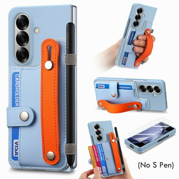 Allytechgroup Galaxy Z Fold 6 Case with Screen Protector & Hand Strap, [No S Pen] Wallet Cover with Cards Slots Shockproof Anti-Scratch  Stand Bumper Phone Case for Samsung Galaxy Z Fold 6,Skyblue