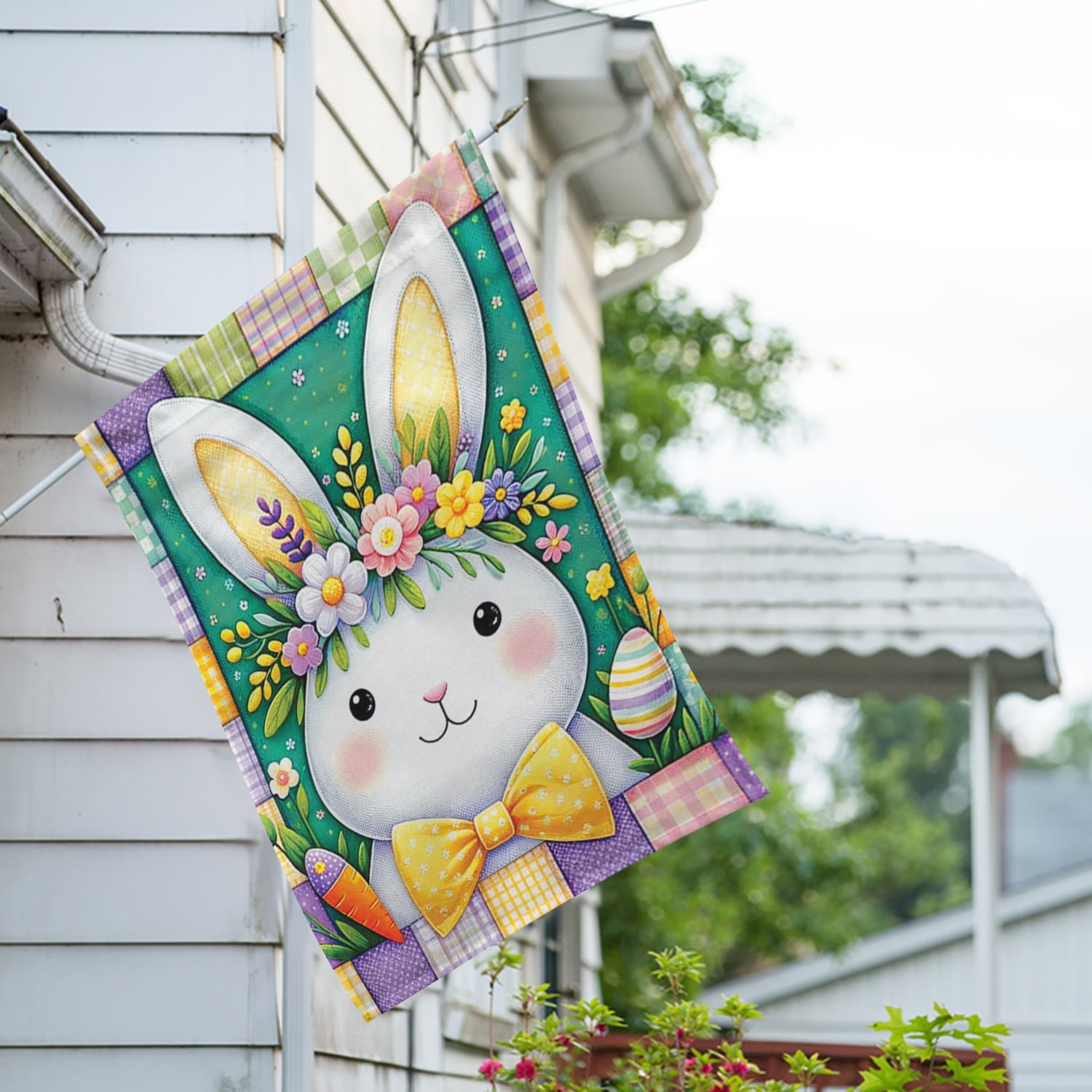 America Forever Patchwork Easter Bunny House Flag, 28 x 40 inch Double Sided, Quilted Bunny Portrait Flag, Country Easter Decor, Spring Patchwork Yard Flag