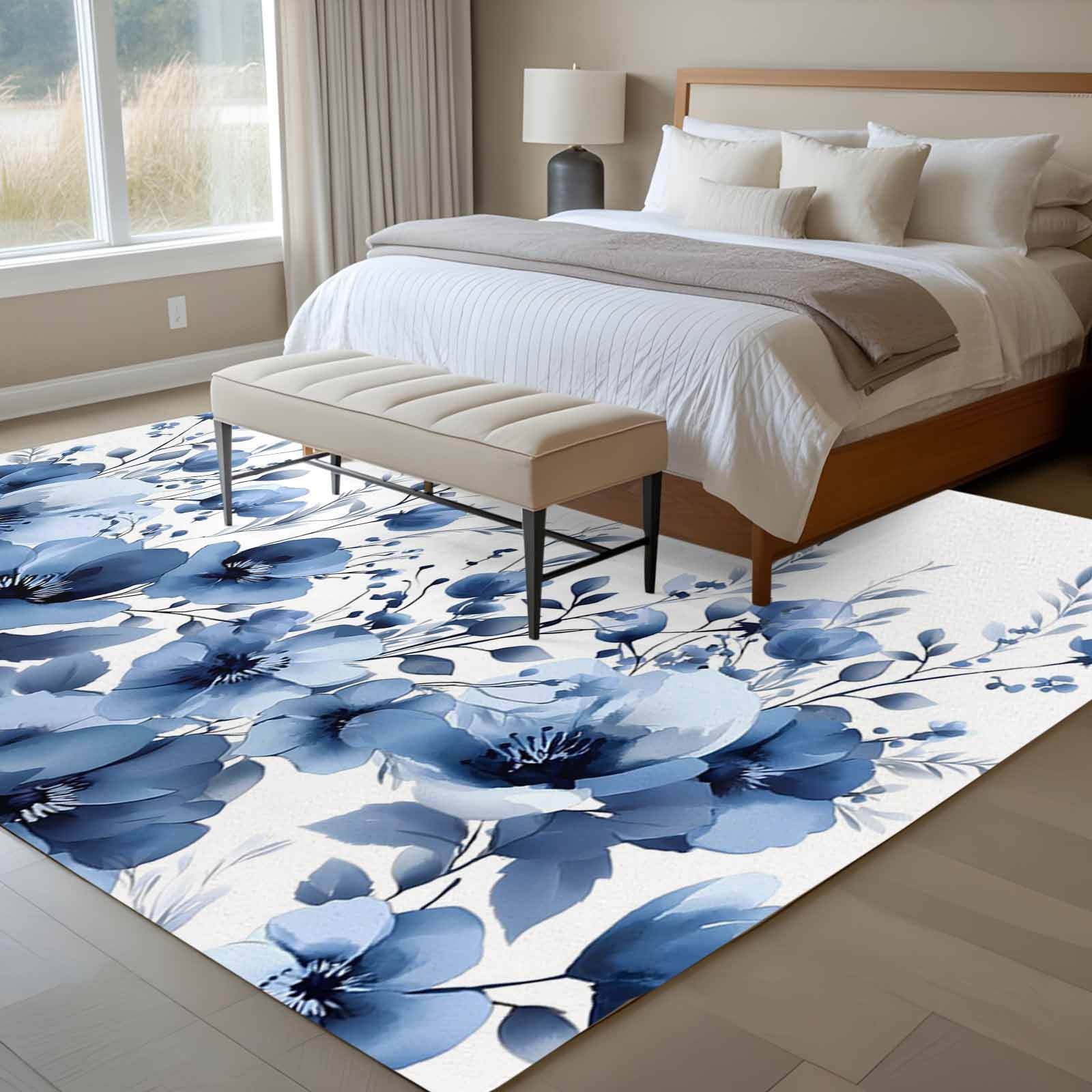 Large Area Rugs for Living Room Bedroom, Blue Blooms Floral 8'x10' Rug Washable Carpet Runner Indoor Outdoor, Farmhouse Spring Flowers Botanical Non Slip Floor Mats Rug for Kitchen, Patio