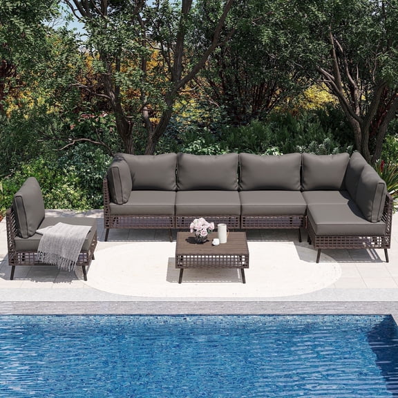 LAUSAINT HOME 7-Piece Outdoor Wicker Patio Furniture Conversation Set, Sectional Sofa with Cushions, Beige