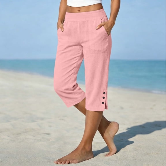 Women's Elastic Waist Linen Capris Pants Lightweight Summer Casual Cropped Trousers with Pockets S
