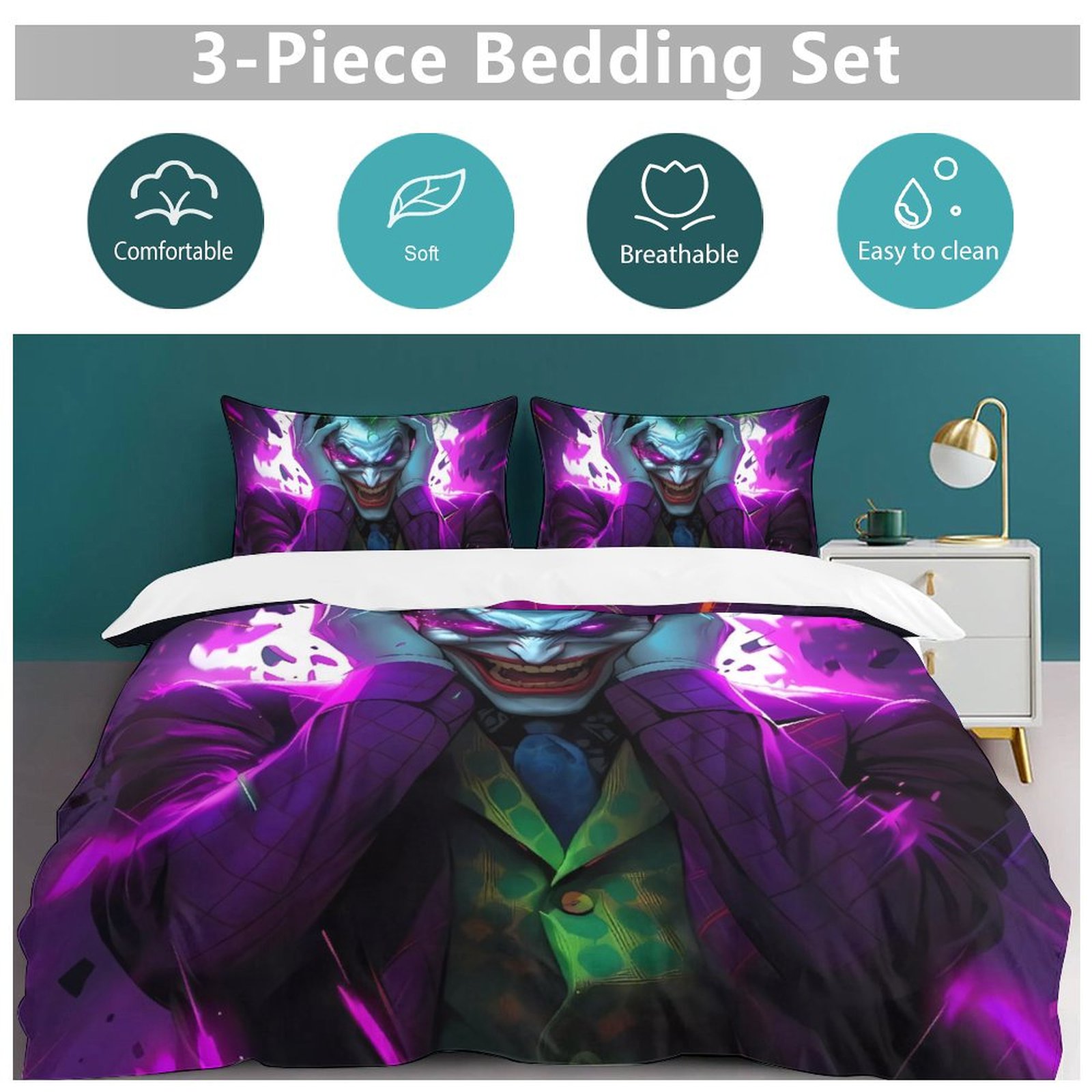 Clown 3-Piece Bedding Set, Printed Quilt Set Twin Size, Full Size,Queen Size,King Size,for Men Women Children Boy Girl Teen Kids (1 Duvet Cover, 2 Pillowcases) Bed Set 86"x70"