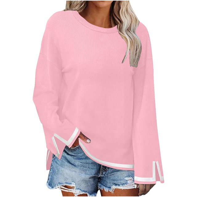 MeetoTime Long Sleeve Tops for Women Round Neck Slit Ribbed Pullover 2024 Fall Clothes Oversized Sweaters