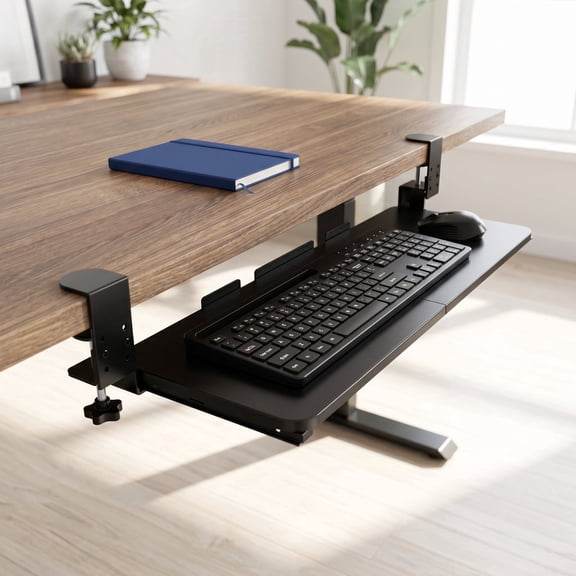 Pull-Out Under Desk Keyboard Tray with Adjustable C-Clamp - Light Wood Ergonomic Slide-Out Platform for Computer Keyboard and Mouse, Fits Office and Home Typing Setups