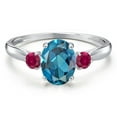 thumbnail image 3 of Gem Stone King 10K White Gold London Blue Topaz and Red Created Ruby 3-Stone Ring for Women | 1.78 Cttw | Oval 8X6MM | Gemstone November Birthstone | Size 7, 3 of 6