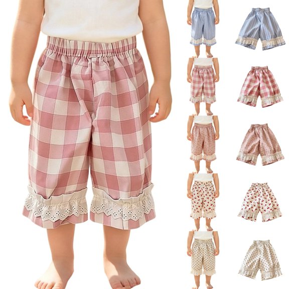 SGMVNU Girls Checked Pants Summer Lightweight Elastic Waist Cotton Pants Casual Baggy Trousers with Ruffle Lace , Size 5-6 Years, Pink-Plaid