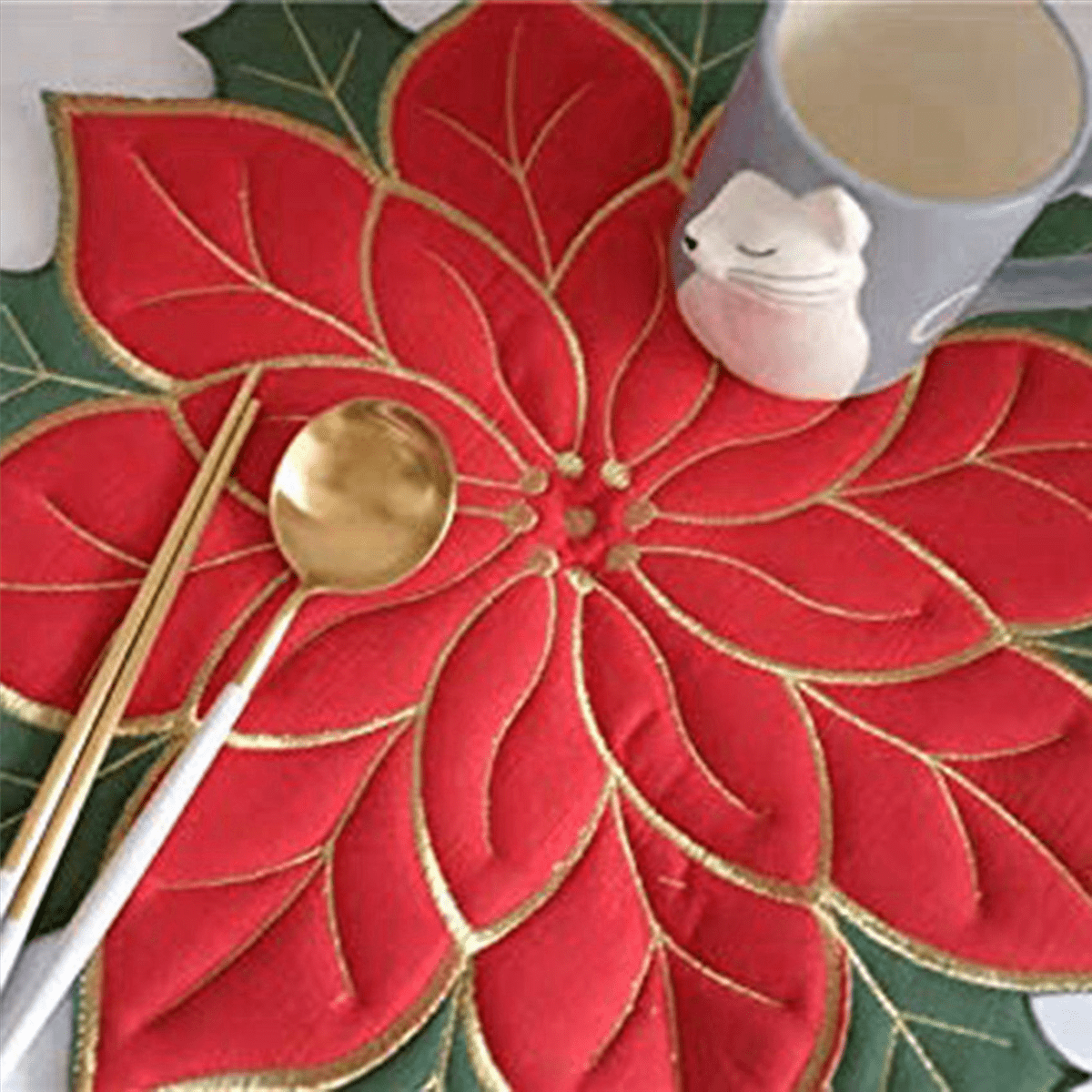 8X Holiday Christmas Embroidered Placemats Applique Poinsettia Placemats Christmas Flower Placemat A