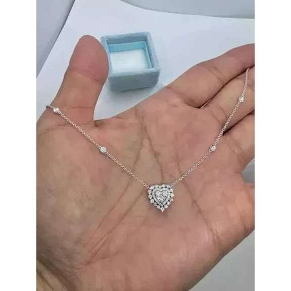 2Ct Round Cut Lab-Created Diamond Heart Chain Pendant 14K White Gold Plated
