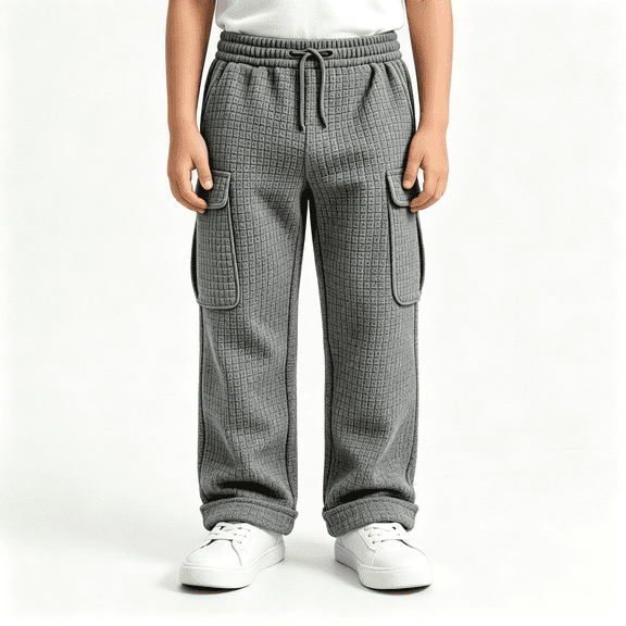BXJX Boys Cargo Pants Size 10-12, Casual Fall Elastic Waist Multi Pocket Waffle Knit Trousers Gray