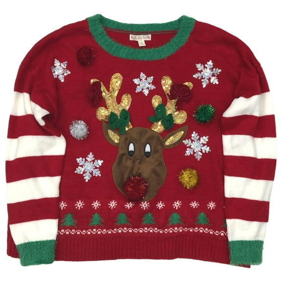 Womens Blingy Red Stripe Sequin Reindeer Christmas Holiday Sweater X-Large