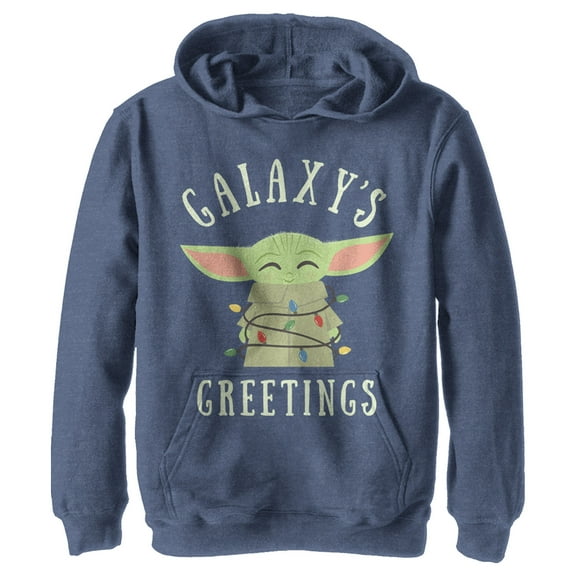 Boy's Star Wars The Mandalorian Christmas The Child Greetings  Pull Over Hoodie Navy Blue Heather Large