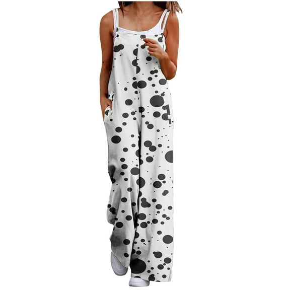 Polka Dot Pattern Bib Pants for Women Loose Fit Wide Leg Rompers with Pockets Flowy Summer Beach Jumpsuit for Resort
