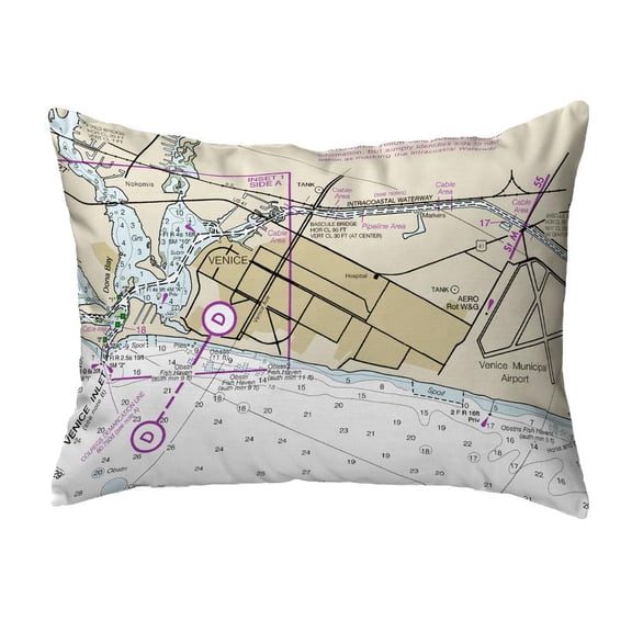 Betsy Drake Interiors Venice Inlet, FL Nautical Map Noncorded Indoor/Outdoor Pillow 11x14