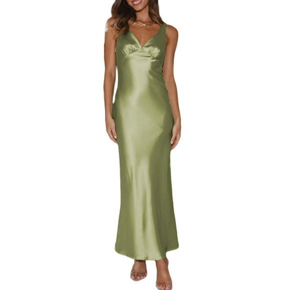 Vestido largo VUBIYA elegante de satén con cuello en V sin espalda para mujer