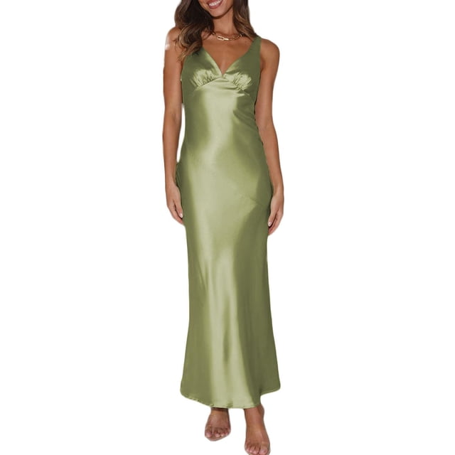 Vestido largo VUBIYA elegante de satén con cuello en V sin espalda para mujer
