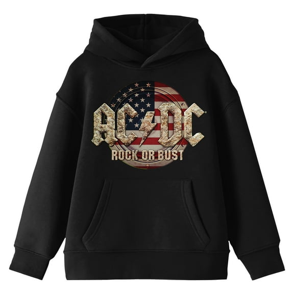 ACDC Rock Or Bust Long Sleeve Boys' Black Hooded Sweatshirt-XL