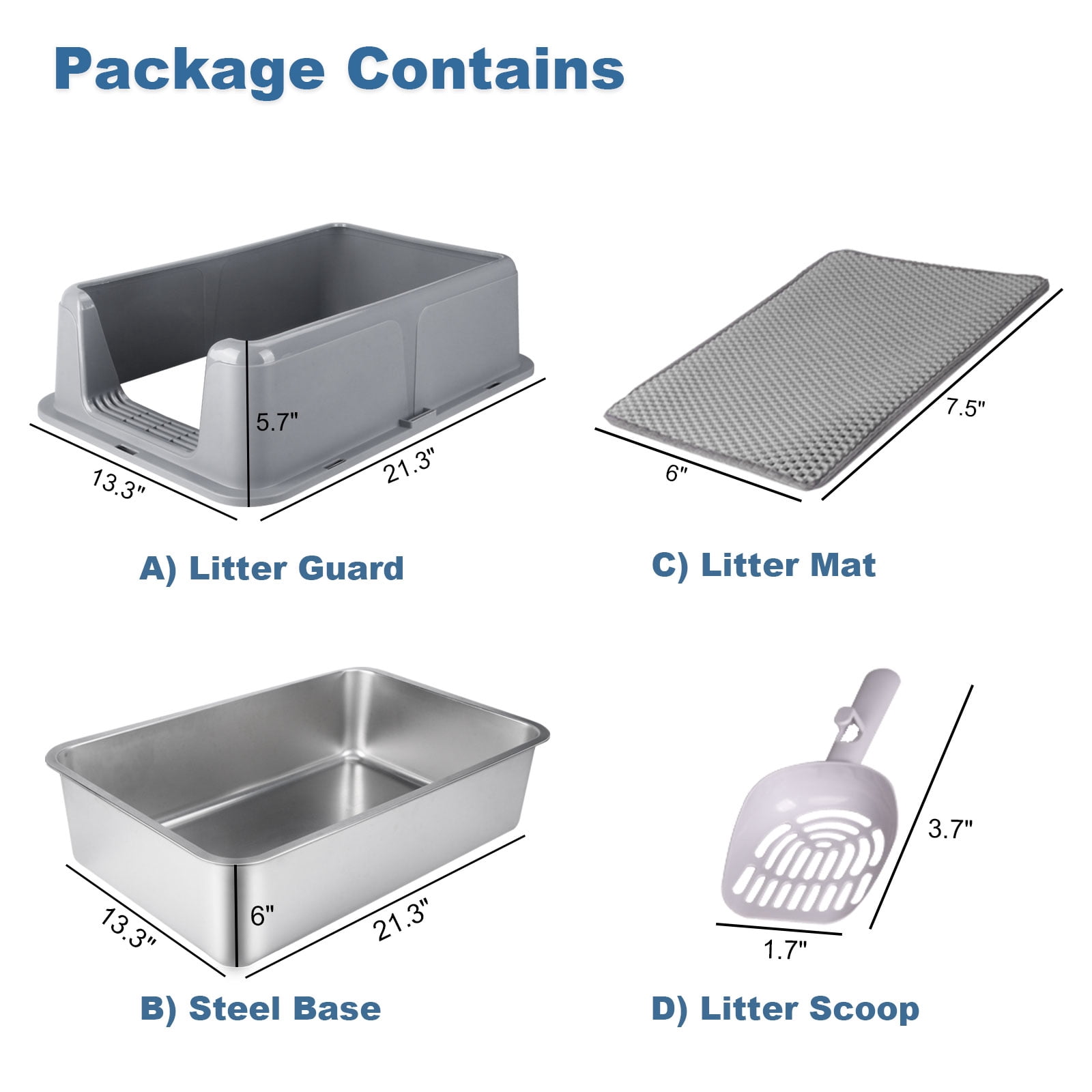 StarQualityBargain Extra Large 28L Stainless Steel Cat Litter Box Metal Litter Pan with Scoop and Mat Set, Gray