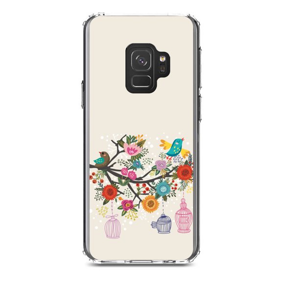 DistinctInk Clear Shockproof Hybrid Case for Samsung Galaxy S9 (5.8" Screen) - TPU Bumper, Acrylic Back, Tempered Glass Screen Protector - Spring Collection - Floral Birds Teal Red
