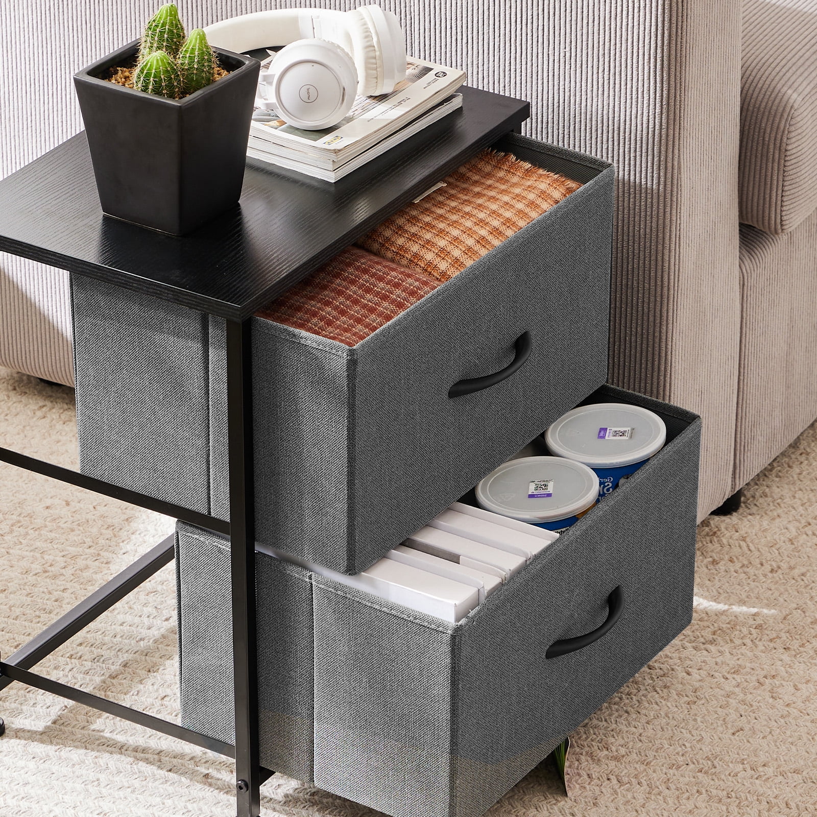 Prilinex Nightstand Small Dresser with 2 Fabric Drawers, 20 Inch Adjustable Nightstand Feet Bedside Table with Drawers for Bedroom Closet Entryway College Dorm, Grey