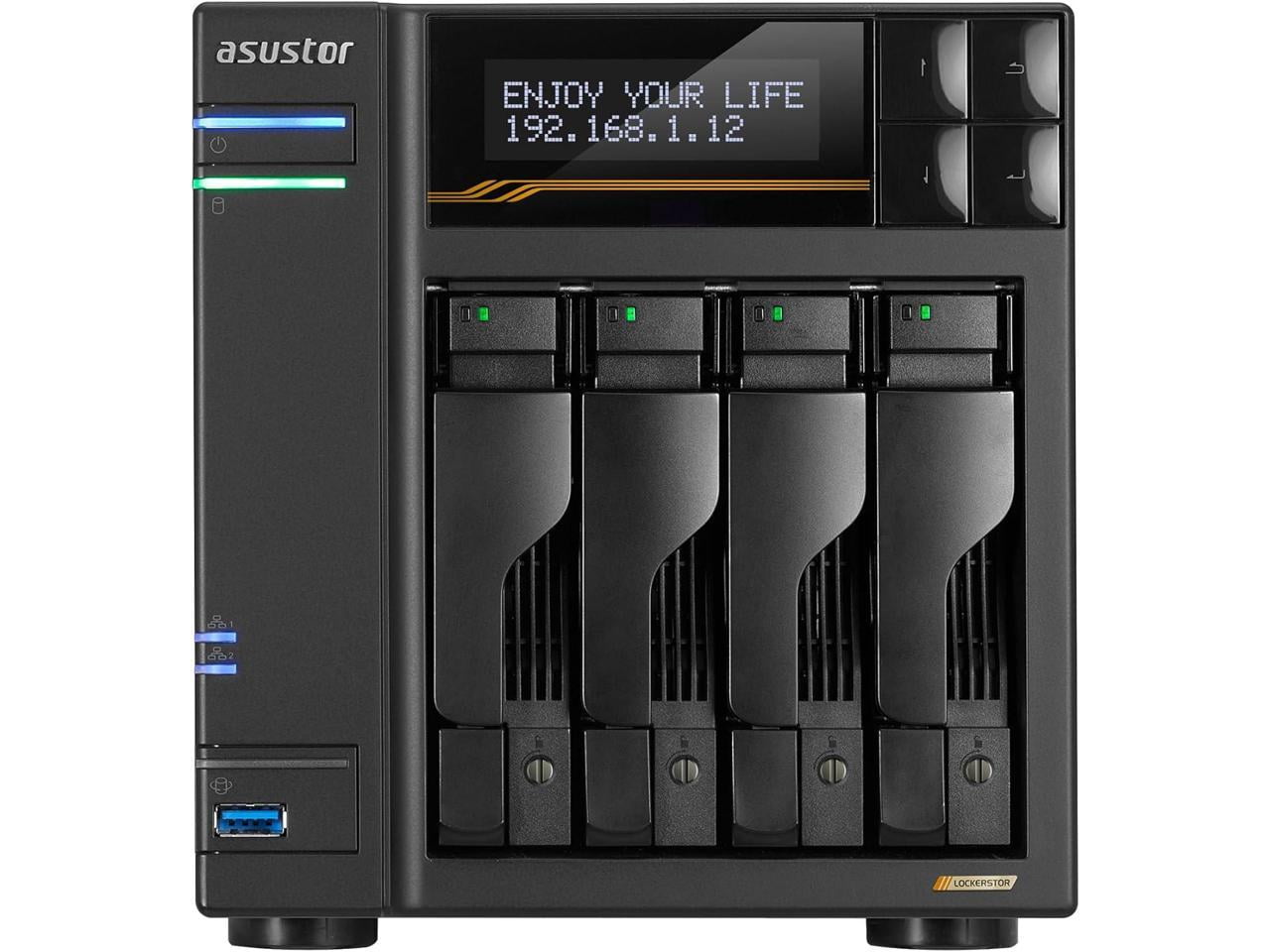 Asustor Lockerstor 4 Gen3 AS6804T, 4 Bay NAS, AMD Ryzen Quad-Core 2.3 GHz, 16GB RAM ECC DDR5, 4 M.2 NVMe Slots, Dual 5GbE and Dual 10GbE Port, USB 4.0 Type-C, Network Attached Storage (Diskless) - ...