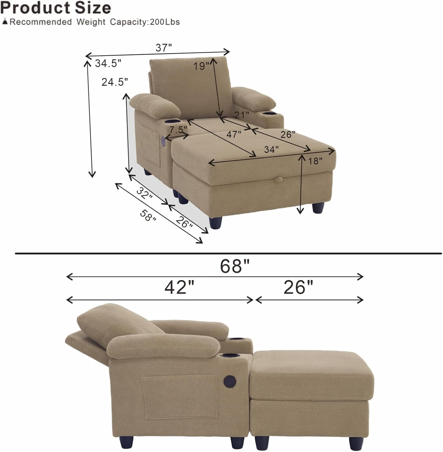 MOONMISS Chaise Lounge Chair Indoor, Convertible Recliner Reading Sofa Chair, Coffee | Cup Holders, USB Port, Adjustable Backrest, Storage Ottoman for Living Room,Home Theater & Bedroom,Camel