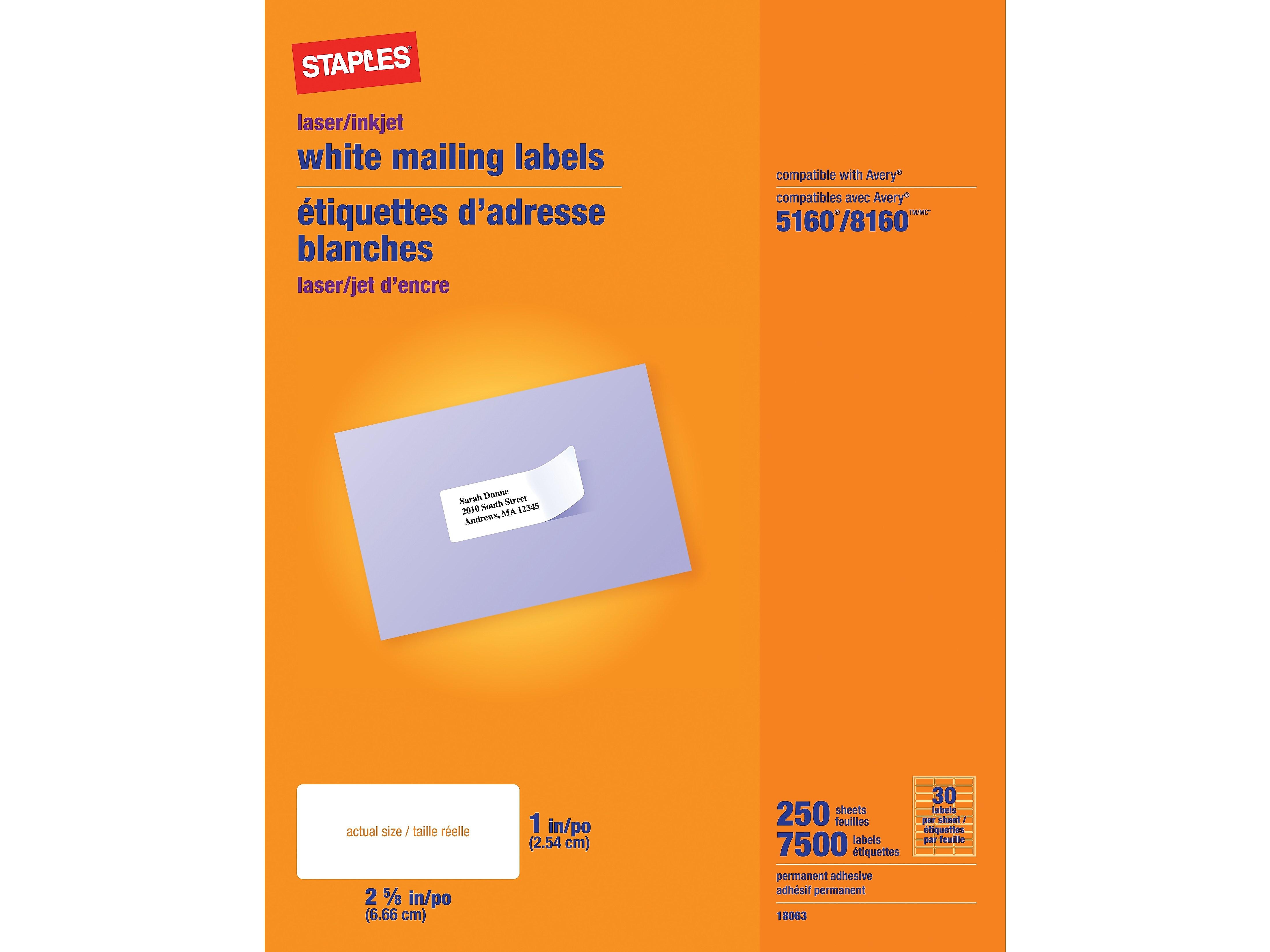 Staples Laser Inkjet Address Labels 1 X 2 5 8 White 30 Labels Sheet 