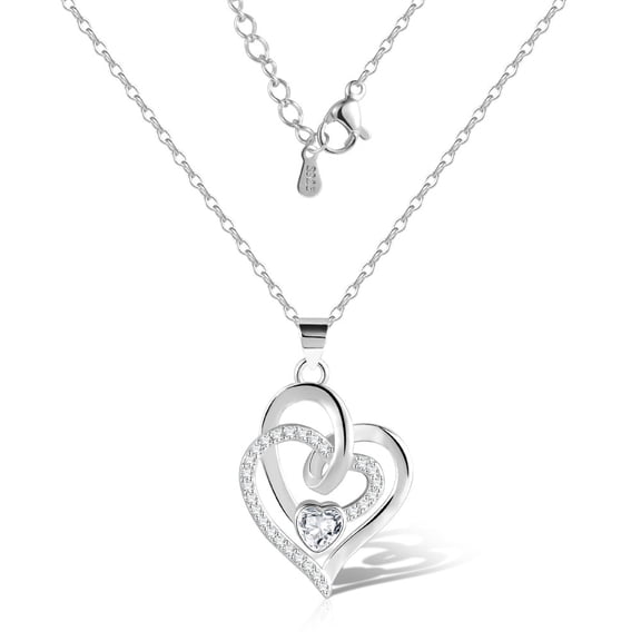 Lancharmed Silver Plated Locket Necklace Double Heart Pendant with Zirconia Necklace Friend Gifts