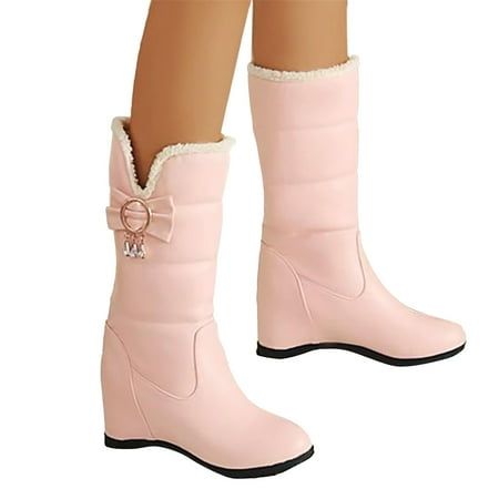 

Cowboy Boots for Women Fashion Leather Bow Metal Button Round Toe Elegnt Mid Calf Boots Combat Boots Casual Show Thinning Height Wedge Heel Thick Soled Mid Calf Boots Cowgirl Boots
