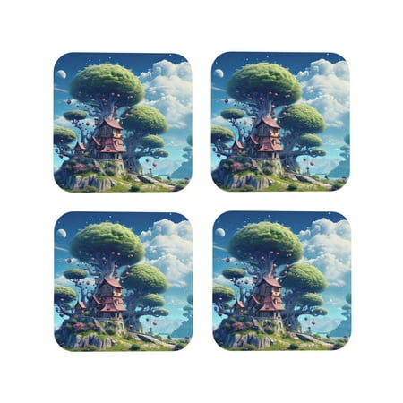 

Tideii Fantasy Treehouse Planet Scene for Leather Coasters 4 Pieces Anti-fouling and Anti-scalding Decorative Coasters Suitable for Restaurants Kitchens Coffee Shops-Square