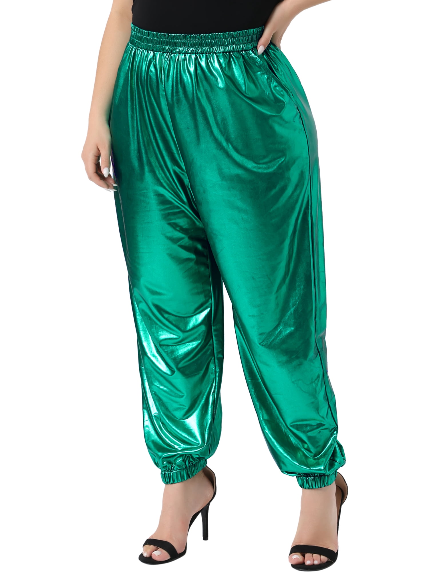 DARING DIVA Women's Plus Jogger Pants Metallic Shiny Stretchy Trousers 3X Green