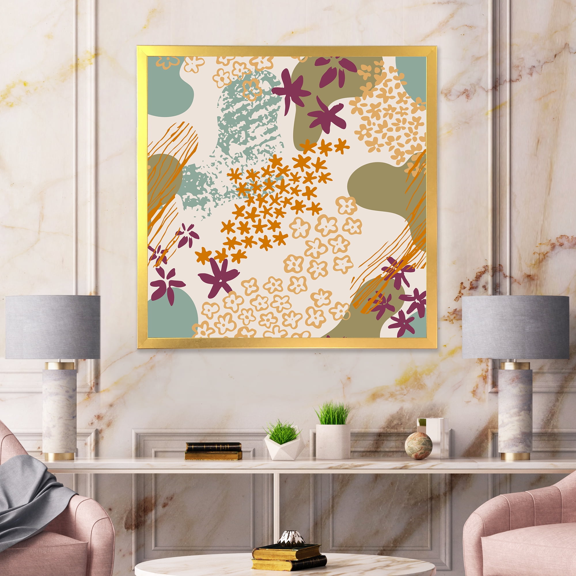 Designart 'Fluid Shapes and Flowers Silhouettes' Modern Framed Art Print