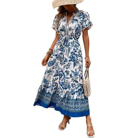 Women's Summer Dresses Short Sleeve Boho Maxi Dress Floral Print V Neck A Line Lace Elegant High Waist Vacation Sundress (Blue,Medium)