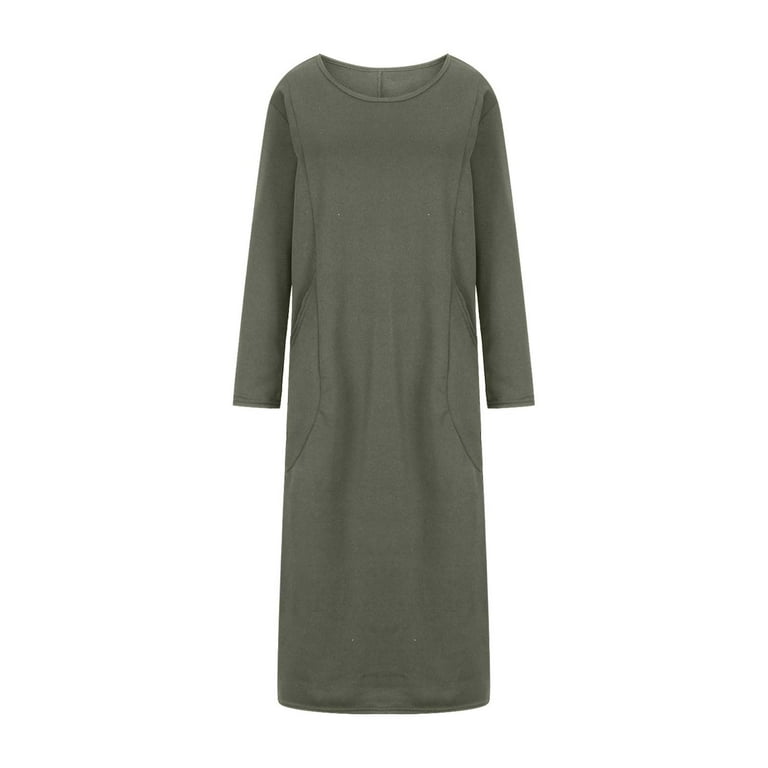 Zquuvou Women's Long Sleeve Solid Loose Maxi Dress with Pocket Muslin Girl Winter Loose Dress Olive Green
