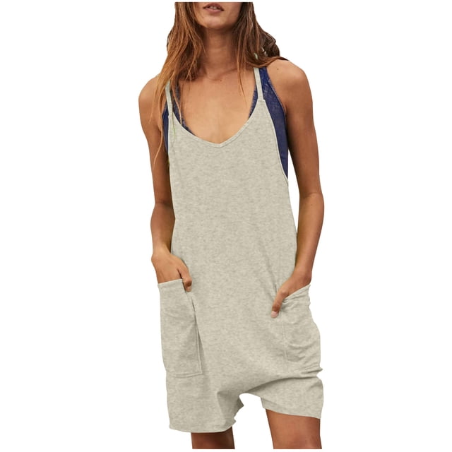 Combinaisons pour Femmes Été Décontracté Confortable Col en V Shorts Combinaisons Pyjamas Bretelles Spaghetti Combinaisons Simples avec Poche