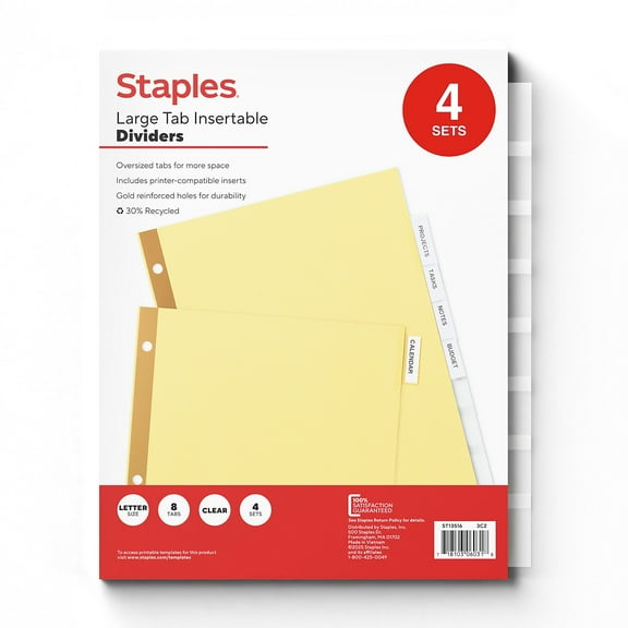 Staples Big Tab Blank Paper Dividers 8-Tab Clear 4/Pack (13516/14482) 431424