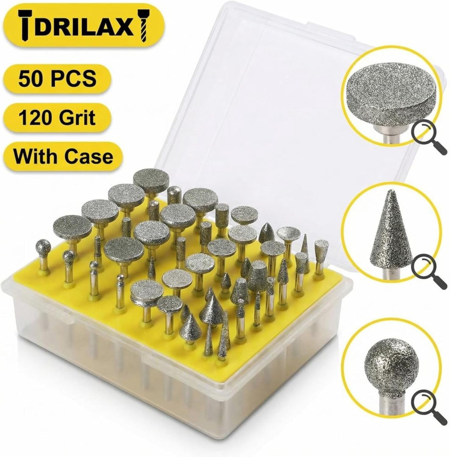 Drilax 50 Pc Diamond Rotary Tool Bits Set, 120 Grit Carving Engraving Burr Kit, 1/8 Inch Shank
