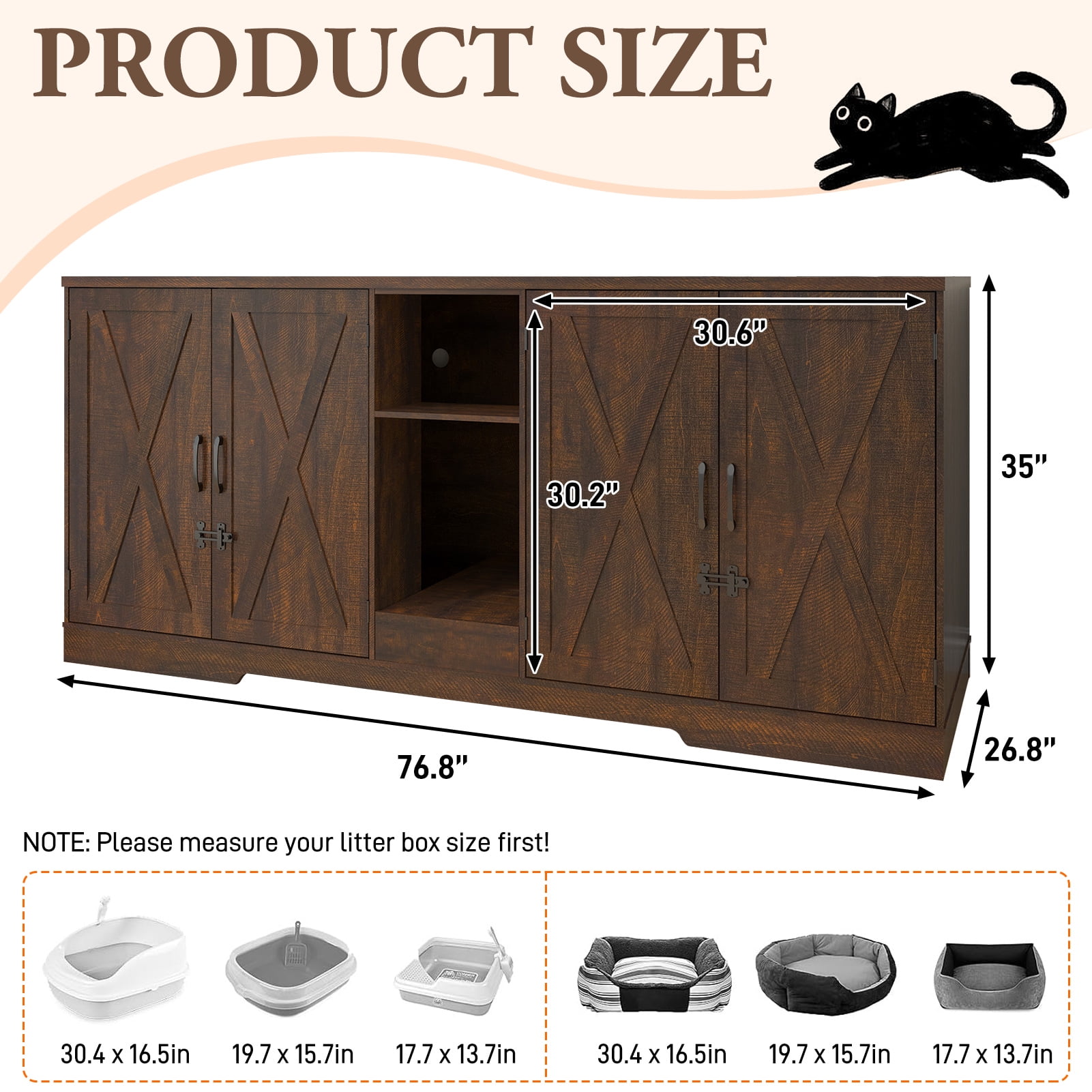 Blotout 77" Large Cat Litter Box Enclosure for 2 Cats with Power Outlets, Litter Box Furniture Hidden with Double Room, Wooden Cat Washroom Furniture with Lockable Door, Cats House, Brown